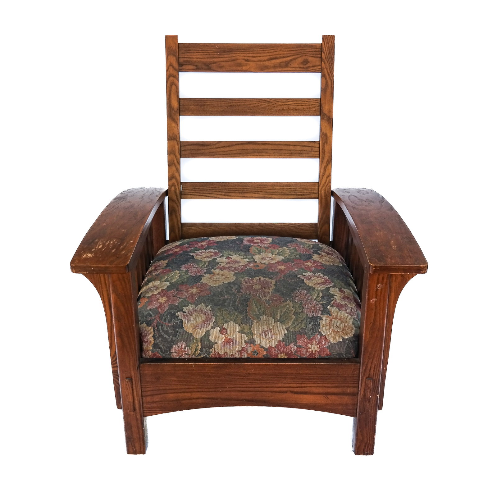 Mission-Style Oak Morris Chair: Oak ladderback Morris chair / armchair, bearing white tag for Sam Moore Furniture Industries. [40 1/4" H x 34 1/4" W x 40 1/4" D; 17" H to seat]. Wear; some losses. Locate at the Warehouse