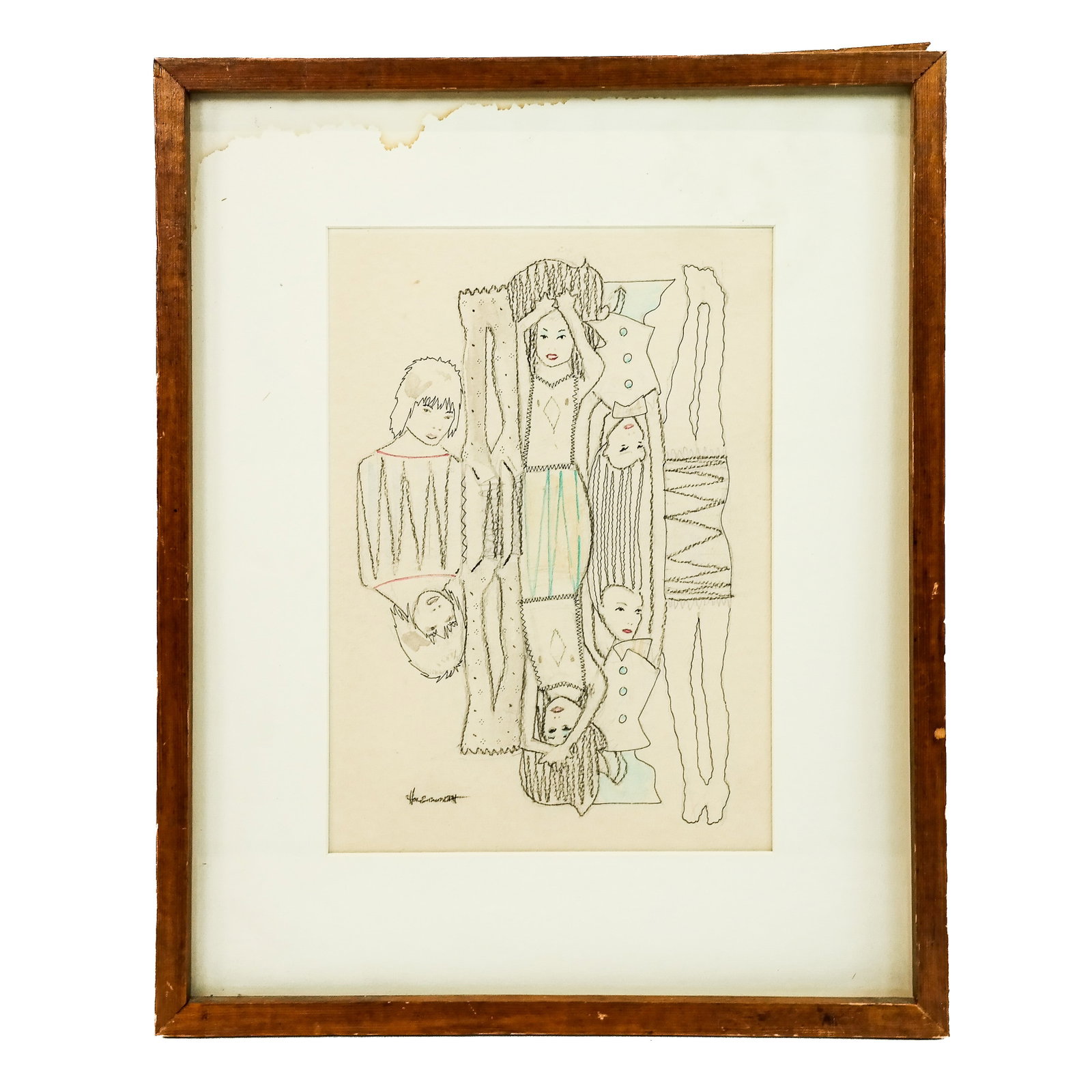 Lawrence HOLLWORTH: Figural Mixed Media: Framed ink, pencil, and watercolor on paper, titled "Reflection," by Lawrence Hollworth. [Art: 13" H x 9" W]. Locate at the Warehouse