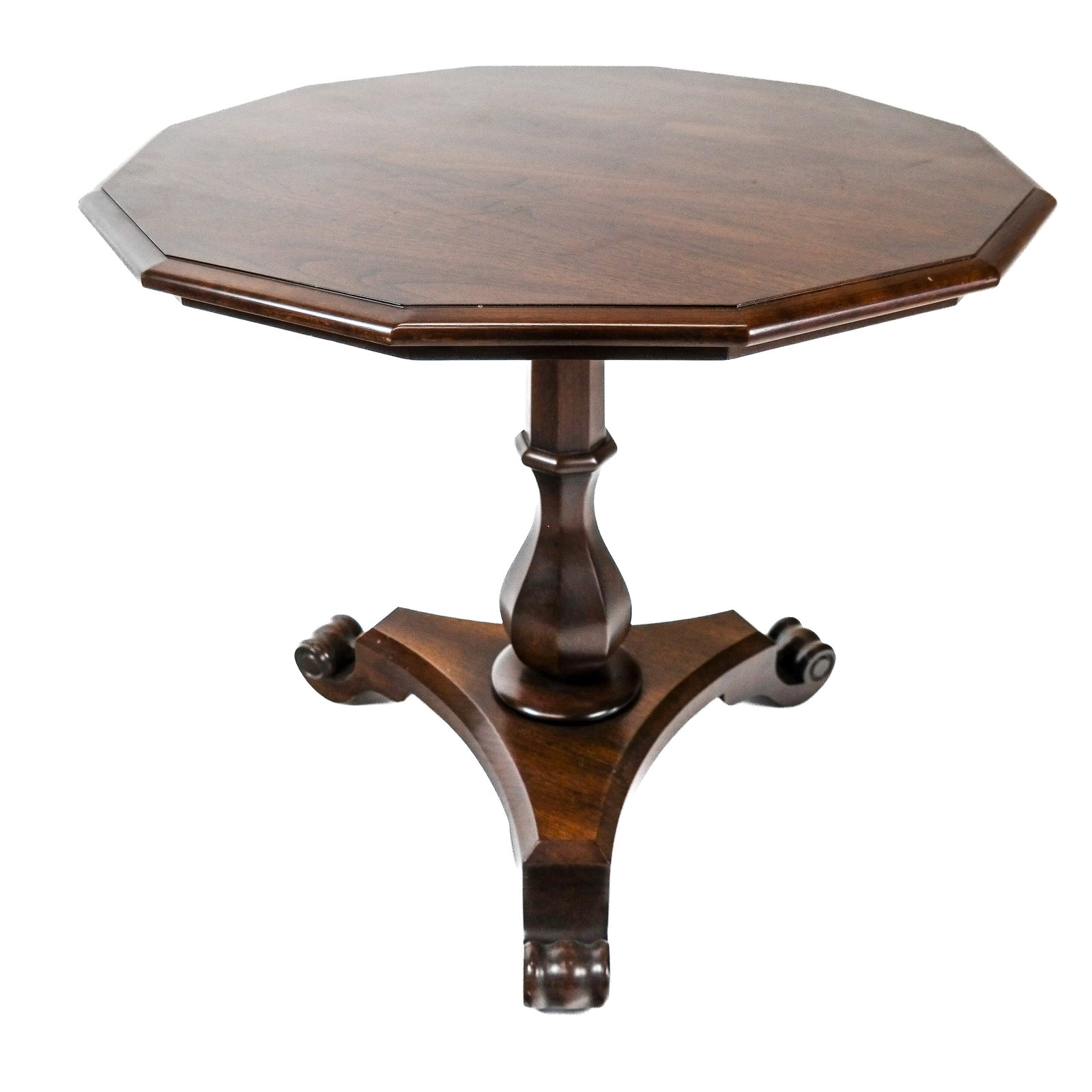 Mid-20th C. Twelve-Sided Table: Fruitwood tripod dodecagon occasional table. [20" H x 30" Diam.]. In good condition. Condition reports and requests for additional photos cannot be accepted on this lot; please bid accordingly. This i