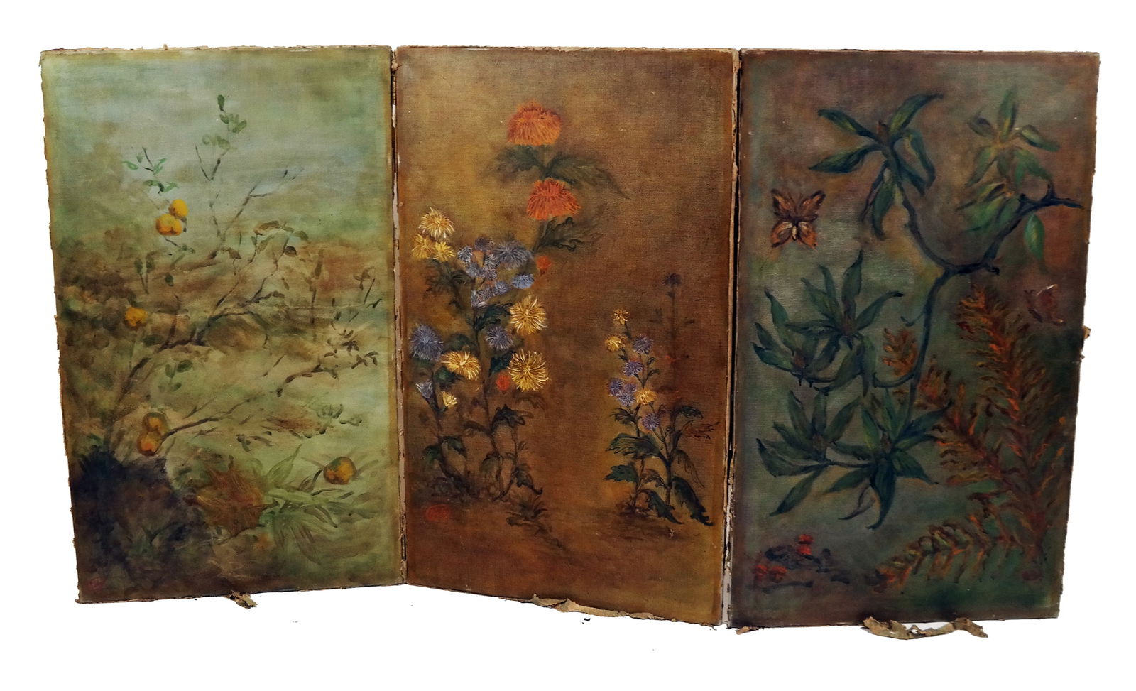Three-Panel Floral Screen: Three-panel early 20th century oil paintings, mounted as a screen. [Each panel: 40 1/2" H x 24" W]. In good condition; "as-is" lining verso. Condition reports and requests for additional photos cannot