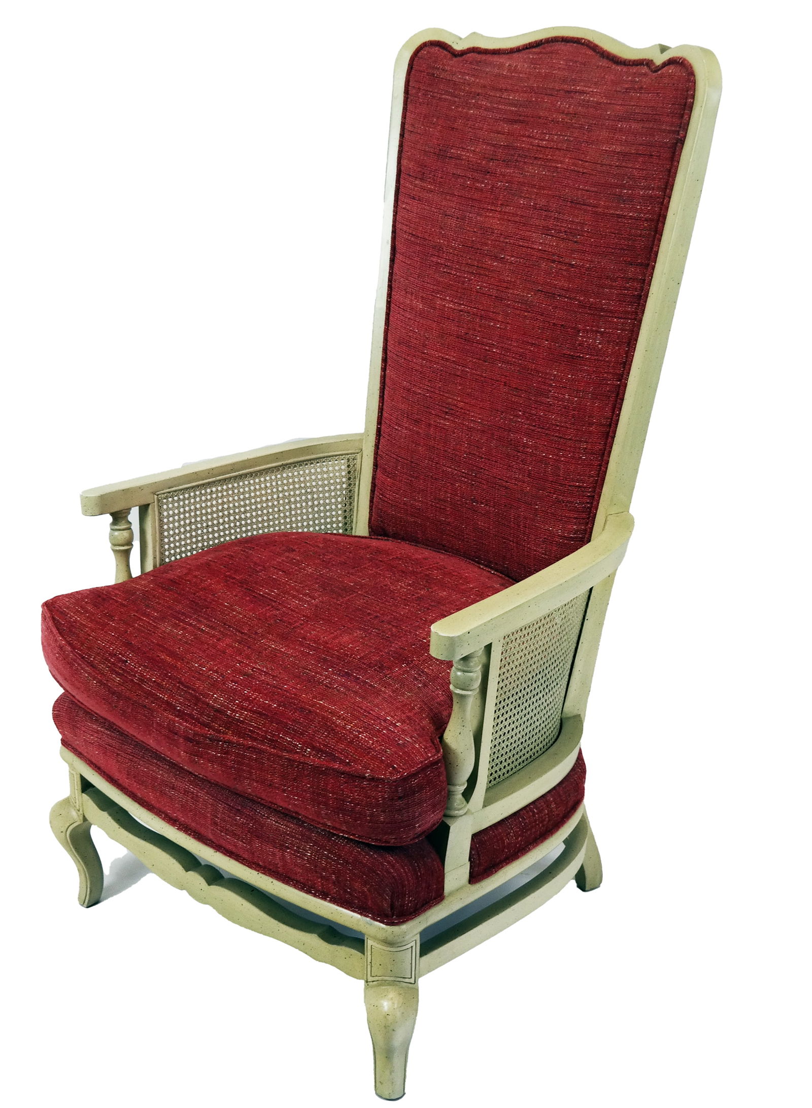 French Provincial Painted Bergere: French Provincial painted bergere with upholstered highback arms and seat, accented with caning and faux rustic finish. [46" H x 26 1/2" W x 24" D]. Condition reports and requests for additional photo