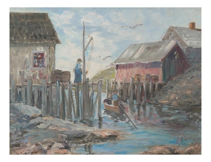 M. Guy (20th Century), Dockside Scene: Connecticut School oil on canvas depicting a dockside scene. In beaded wood frame. [Art: 15 1/2 x 19 1/2 inches; Frame: 18 5/8 x 22 3/4 inches].