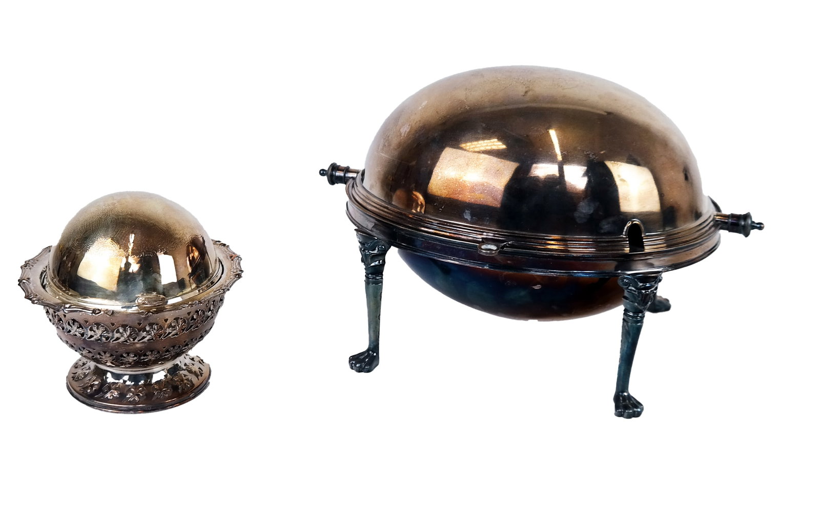 Two Silver Plate Revolving Lid Containers: Two (2) silver plate containers, including revolving breakfast tureen [8" H x 14" W x 8" D] and a revolving-top ashtray [6" H x 6" Diam.]. Condition reports and requests for additional photos cannot b