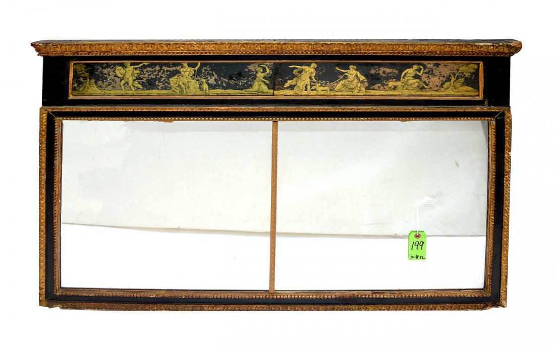Trumeau Mirror: French style trumeau mirror with eglomise panel at crest. Eglomise as is, losses. 31" x 47".