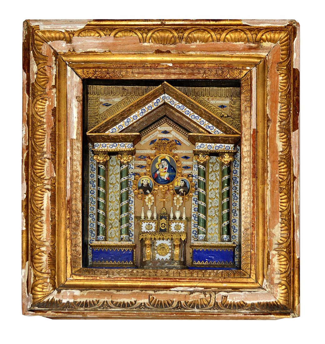 Shadow Box Altar Scene: Religious carvings in a shadow box-style frame. Overall: 44" x 18".
