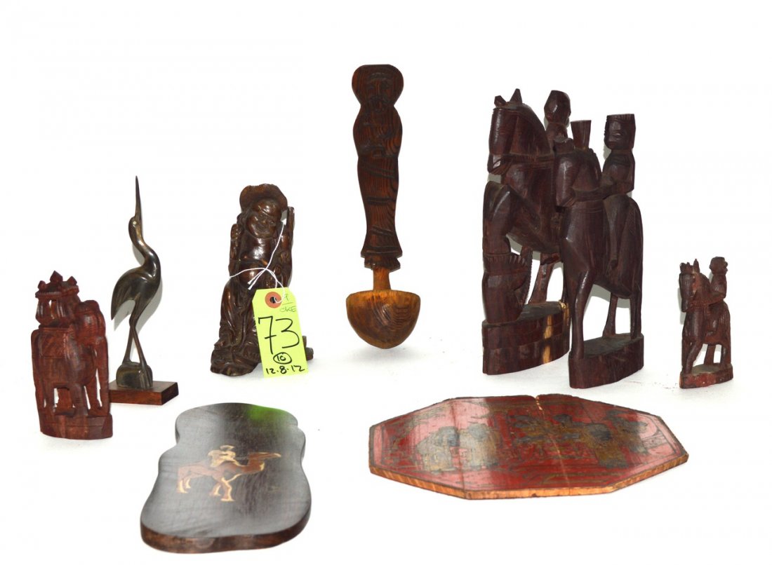 International Carved Wood Group [10 Items]: Includes: Christian, Buddhist, and Persian figures. Heights from 4 1/4" to 13" H. Accompanied by a Chinese painted octagonal panel [10" Dia] and a middle Eastern figural intarsia panel. All as is.