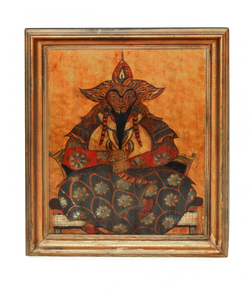 Henry Lovins Oil on Board of Genghis Khan: Seated full-length depiction of the Mongolian emperor holding a curved dagger. Signed bottom right "Henry Lovins," verso a typewritten Lovins Studio label. Art 17 1/2" x 13 1/2". Frame 21 1/2" x 17 1/