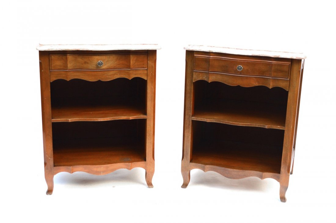 Pair of John Widdicomb Stands: Pair of one drawer, open shelf, marble top stands.