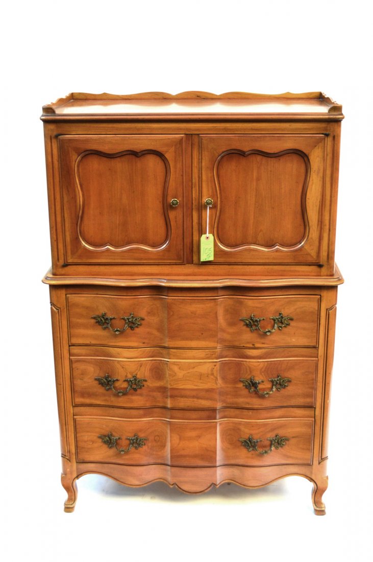 John Widdicomb Tall Chest and Headboard: Three drawers and two doors with interior drawers, together with a headboard.