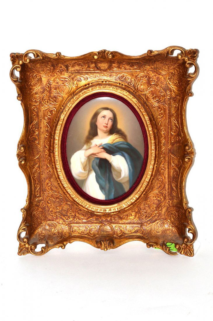 Oval KPM Porcelain Plaque "Immaculate Conception": Konigliche Porzellan- Manufakur (KPM) Berlin, Germany, circa 1900. Mark on verso with scepter above "KPM" and four slashes below. Depicts The Virgin in a 3/4 length pose with eyes looking upward. Figu