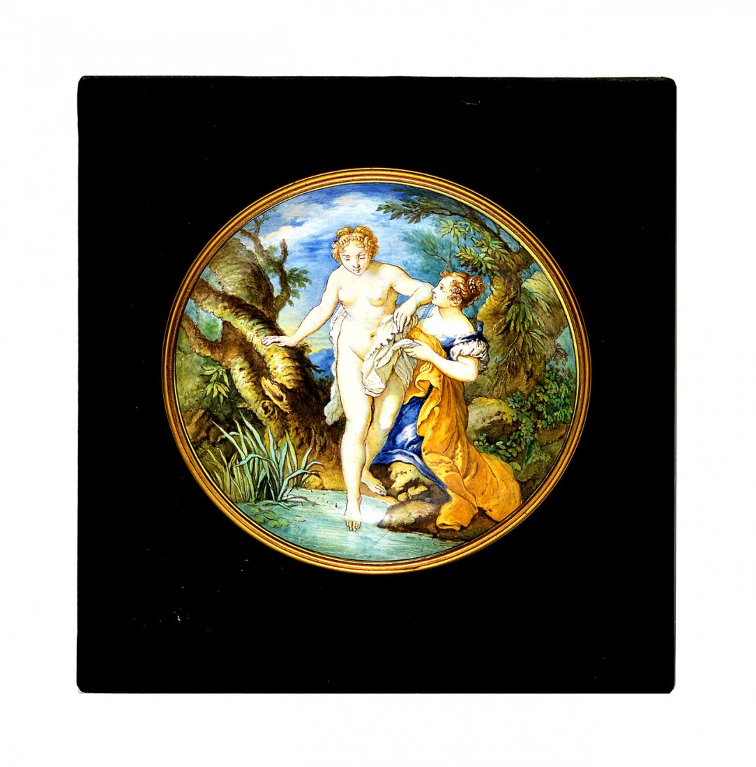 After Pinart 19th c. Hand-Painted Majolica Charger: Bears an allegorical scene depicting a female nude stepping into a stream with an attendant at her side. 10 1/8" diam. x 1 1/8" D. Inscribed on bottom "peint sur email...par HTE Pinart d'apres lemoine
