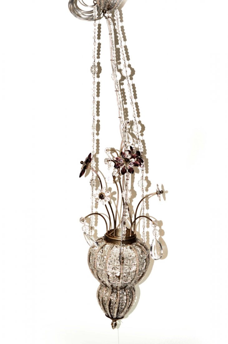 Venetian Style Lantern: Gilt brass floral decorated and rosette style beaded lantern. Good condition. 43" H.