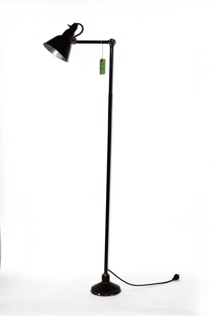 French Floor Lamp by Gras: Turn of the century floor lamp with articulating shade and arm. 62" H, fully extended. As is, wear and oxidation.