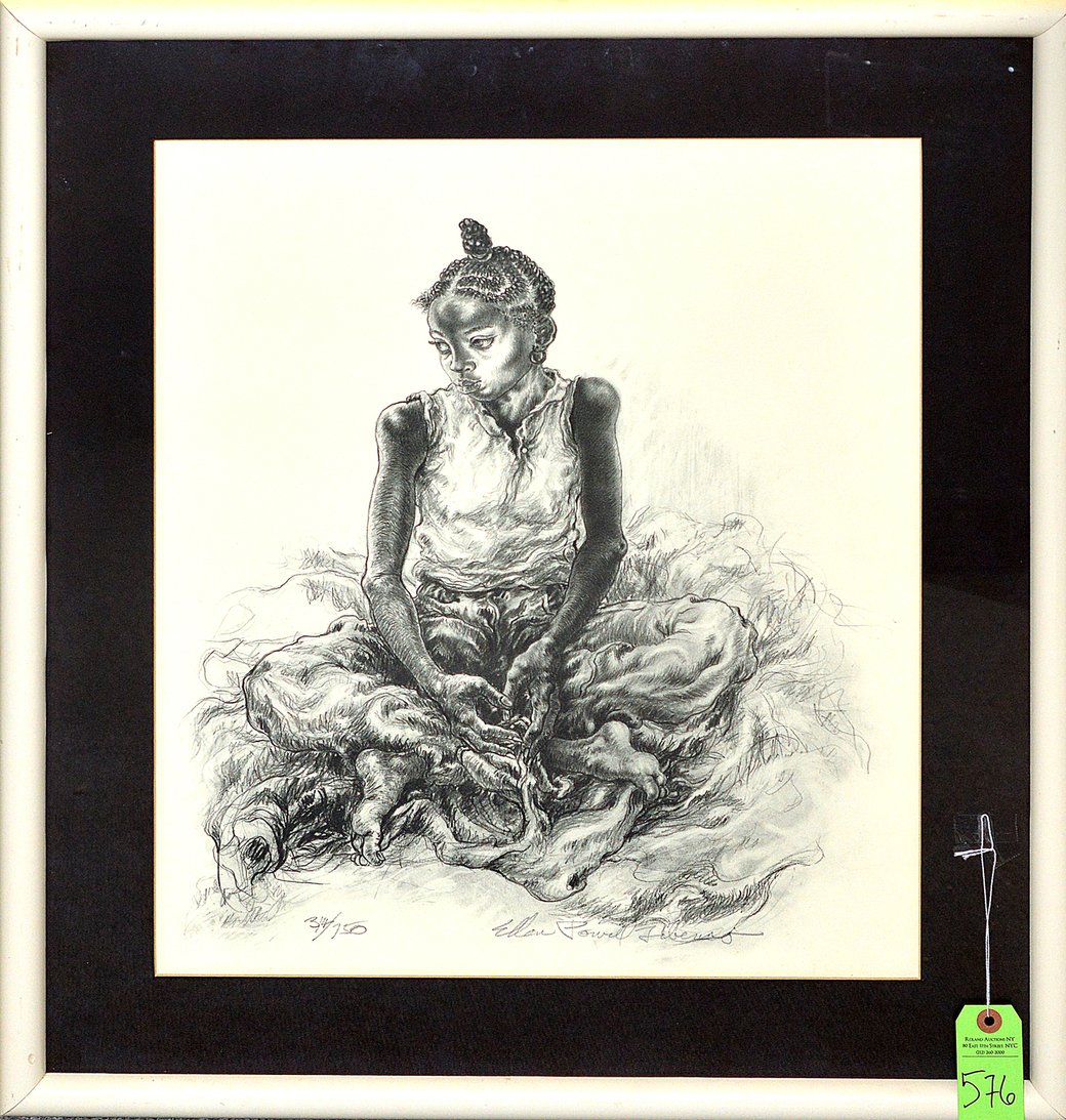 Ellen Powell Tiberno, Seated Girl: Signed lithograph of a girl sitting cross-legged. Edition #314/750. Signed lower right, "Ellen Powell Tiberno." Art: 19" W x 23" H; Frame: 27" x 31" H. Good condition.