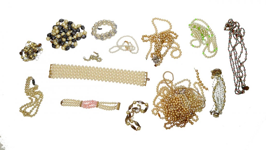 Assorted Faux Pearl Costume Jewelry: Includes necklaces, bracelets, and strands. Some beads. As is, with some breakage and wear. Approximately 15+ items.