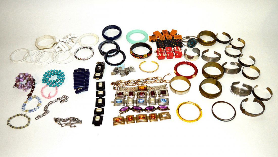 Assorted Vintage Bracelets & Bangles: Comprises brass, mother-of-pearl, ceramic, wood, gold-tone and silver-tone among others. Includes whimsical mahjong and domino bracelets, clear and colored paste stones, enamel and others. Various con