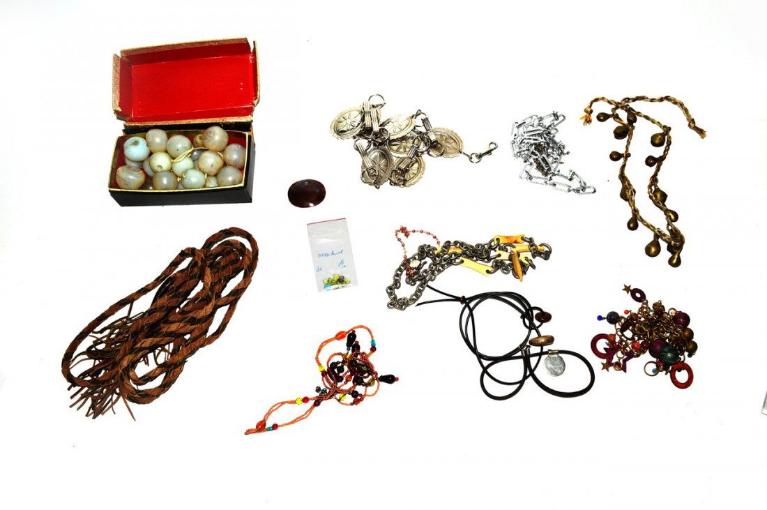 Vintage and Modern Costume Lot: Comprises: a large deco cuff with multicolor paste stones, cufflinks, figural brooches, bracelets, earrings, a large hard stone pendant, a Gen Evex ladies watch, necklaces, and a 1.85 ozt. silver fram