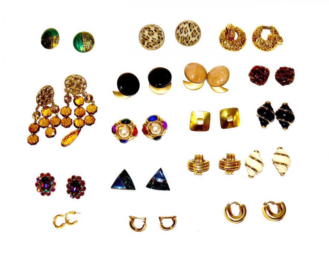 Costume Earrings: Gold-tone and enamel earrings. Includes designers: Ciner, Kenneth Lane, Givenchy, St. Tropez and more. 15+ items. Varying conditions, sold as is. Small losses.