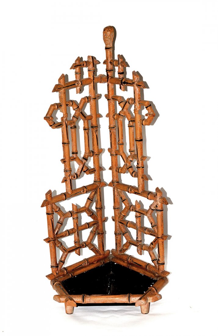 Iron Bamboo Umbrella Stand: Painted iron corner form umbrella stand. 30 1/2 H x 13 1/2" D."