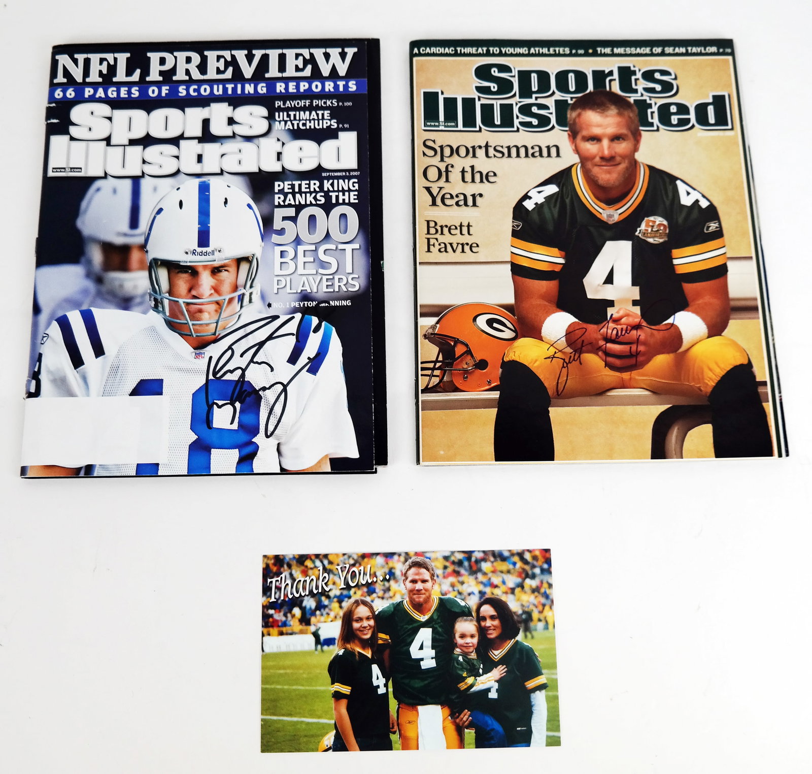 Two NFL Quarterback Autographs: Manning & Favre: Two NFL Quarterback autographs; Sports Illustrated (September 3, 2007) Peyton Manning cover bold signature in thick, black Sharpie. Plus, Sports Illustrated (September 3, 2007) Brett Favre cover bold 