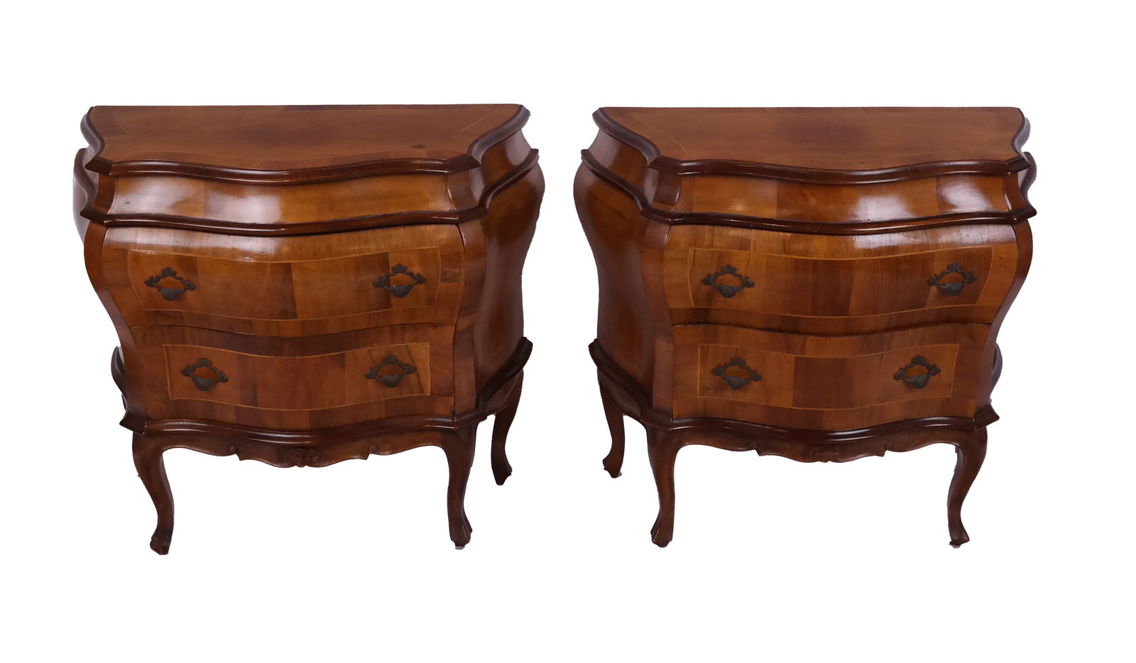 Pair of 20th C. Italian Bombe Commodes: Pair of walnut two-drawer bombe commodes, circa 1940. [28" H x 31" W x 14 1/2" D]. In overall good condition.
