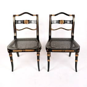 Pair Louis Philippe Decorated Caned Side Chairs