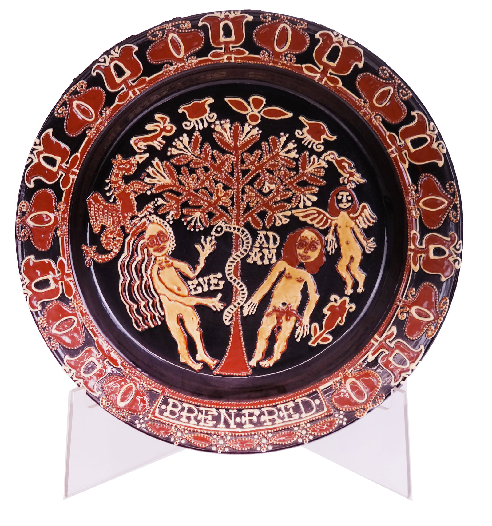 Irma STARR: Custom Adam & Eve Charger: Custom Adam and Eve charger, signed to base "Made for Bren and Fred by Irma Starr Potter, 1995" (American, b. 1933). Provenance: From the Collection of Brendelle & Fred Walden. [17 1/2" Diam.]. Overal