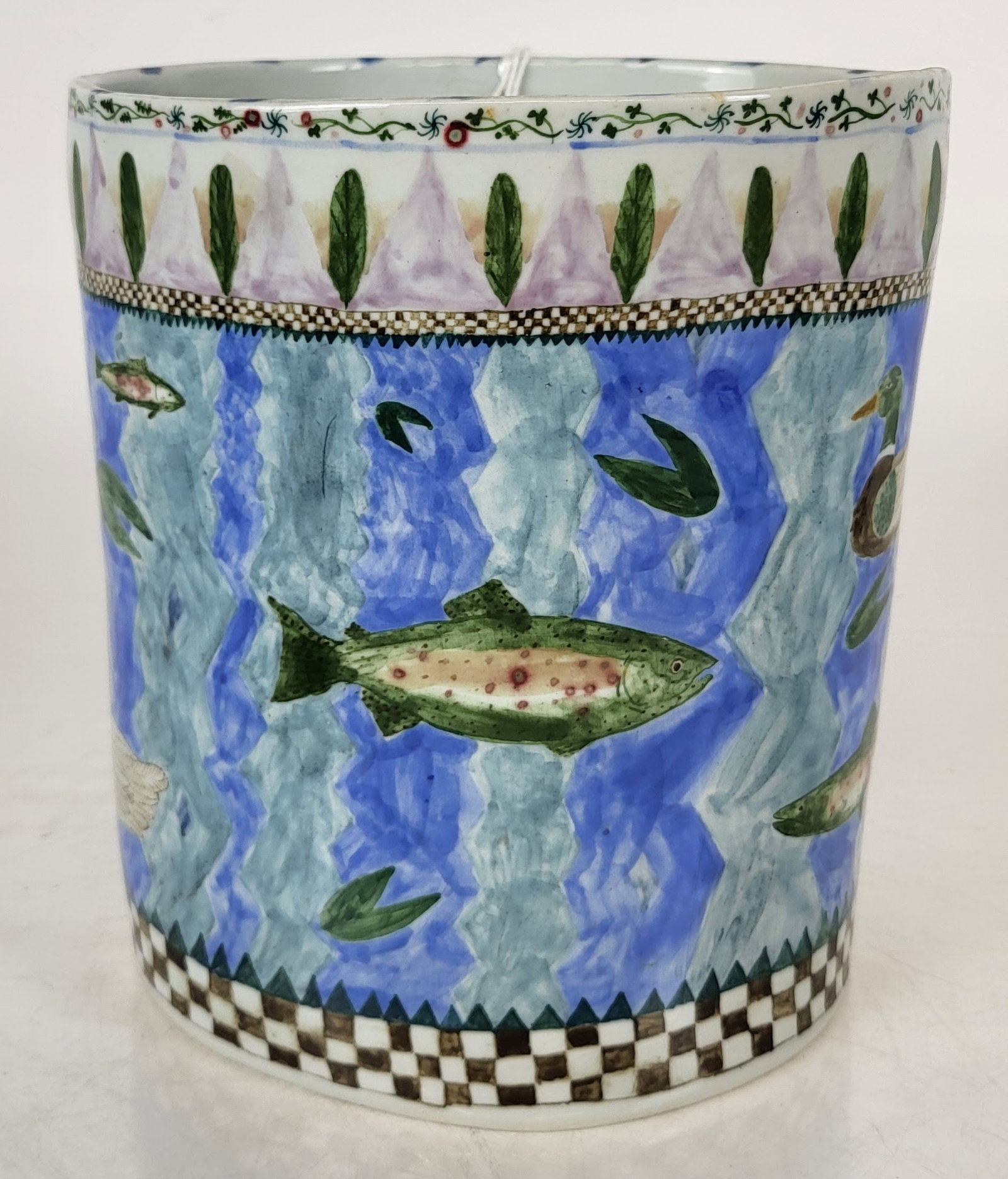 Marine Life Decorated Cache Pot, Signed Mara: A marine life cache pot with ducks and fish, signed "Mara / 82". Provenance: From the Collection of Brendelle & Fred Walden. [8 1/2" H x 7" W x 7 1/2" D]. Overall good condition. Condition reports and