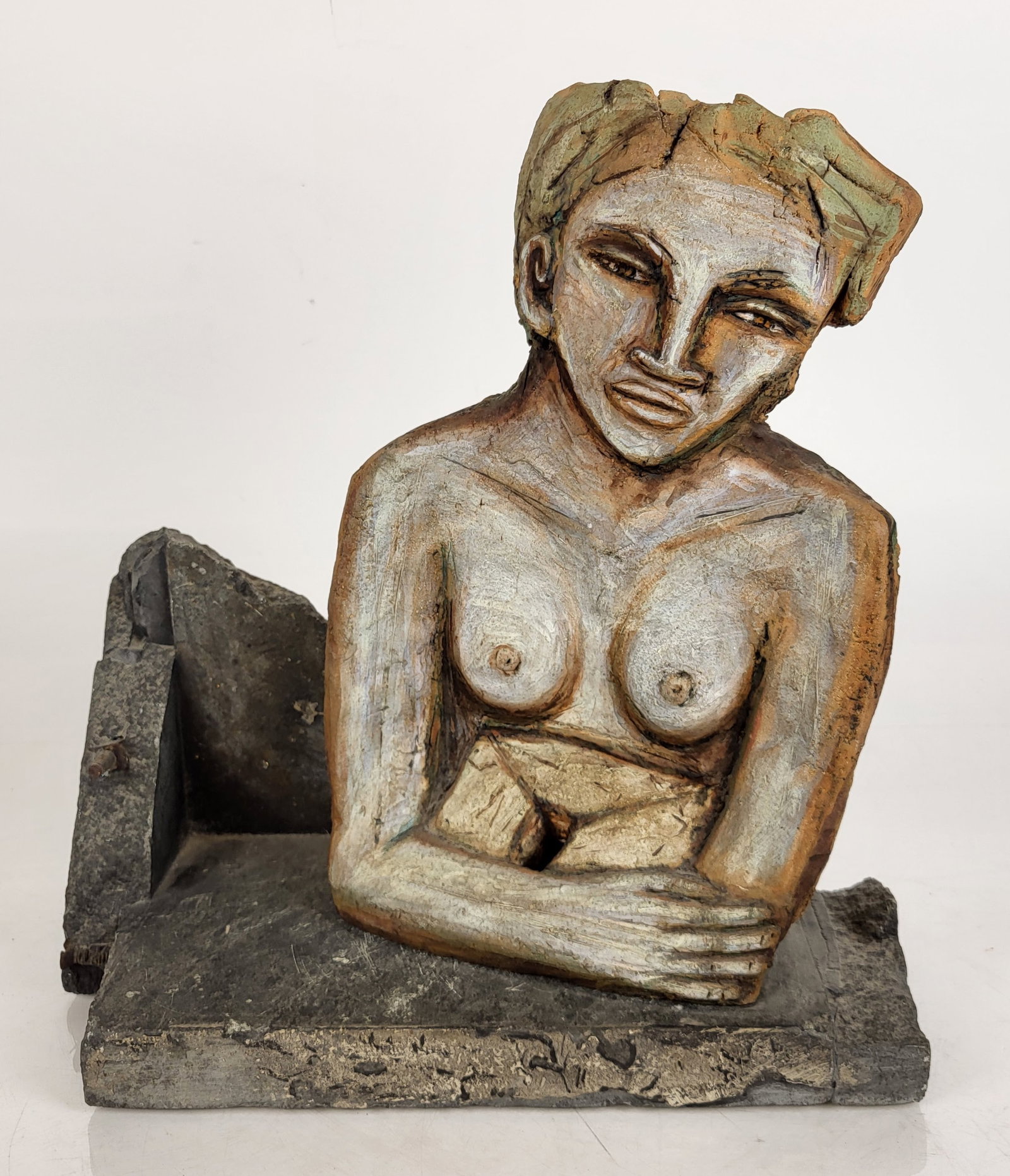 Stone Nude Sculpture of a Woman: Stone nude sculpture of a woman. No apparent signature. Provenance: From the Collection of Brendelle & Fred Walden. [13 1/2" H x 12" W x 7" D; Overall: 14 1/2" H x 15" W x 12" D]. Overall good conditi