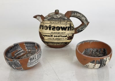 Three Decoupage Pottery Vessels