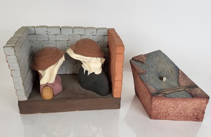 Two Sculptures - Dogs in Hats & River Scene