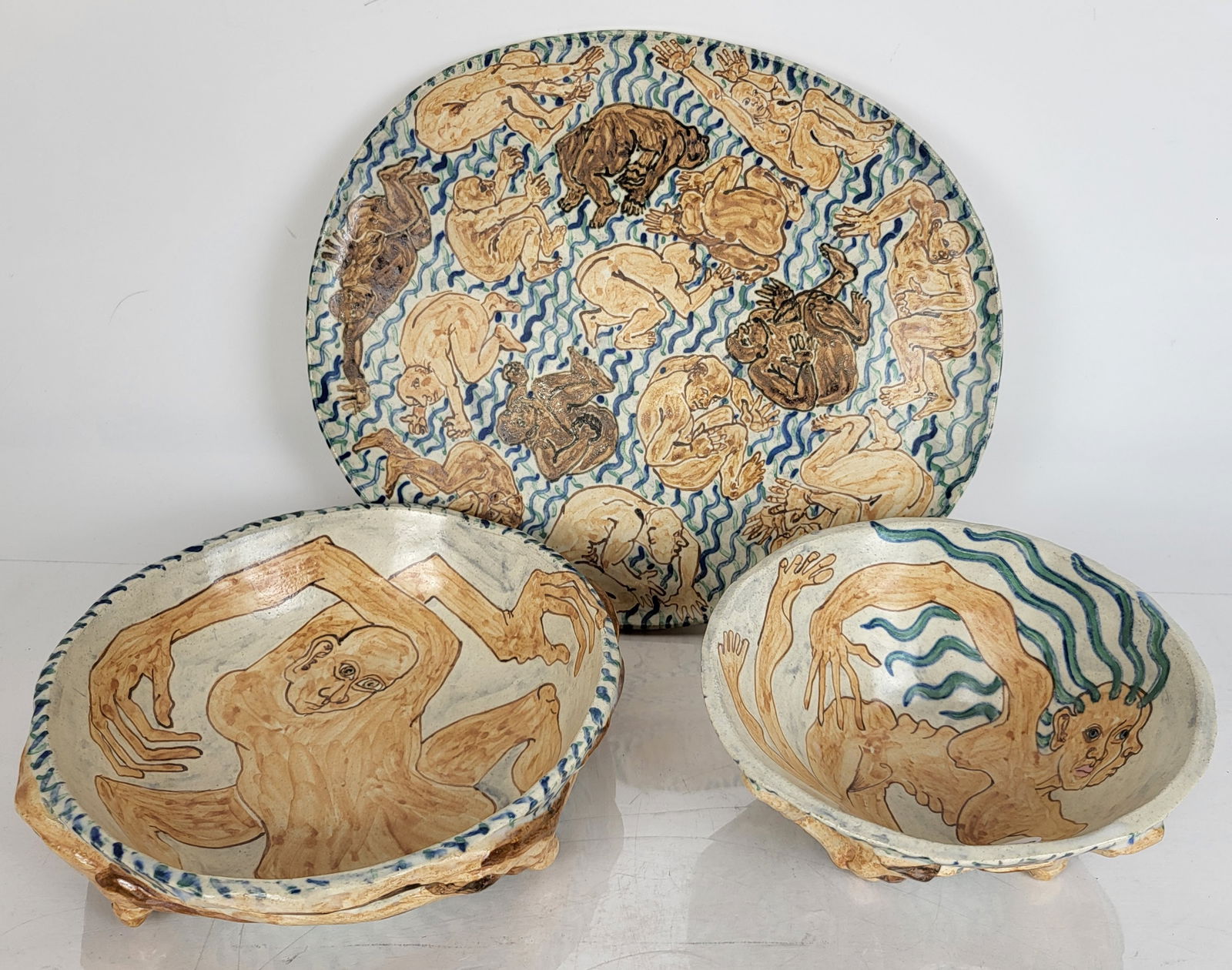 Marilyn ANDREWS: "The Many" - 3-Piece Set: Marilyn Andrews (American, 1943-2019) three piece porcelain collection, titled "The Many" including: an oval platter, bowl, and cover. Platter signed to base and numbered, 11/90. Provenance: From the