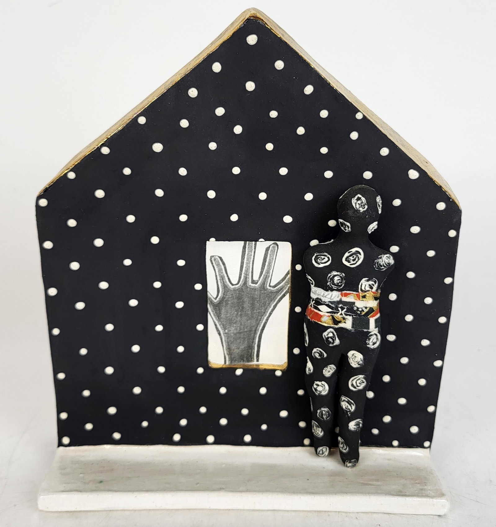 Sculpture of a House with Figure & Hand: Sculpture of a house with figure and hand, illegibly signed "Anita (?) / 2013". Provenance: From the Collection of Brendelle & Fred Walden. [8 1/2" H x 6 1/2" W x 3" D]. Overall good condition. Condit