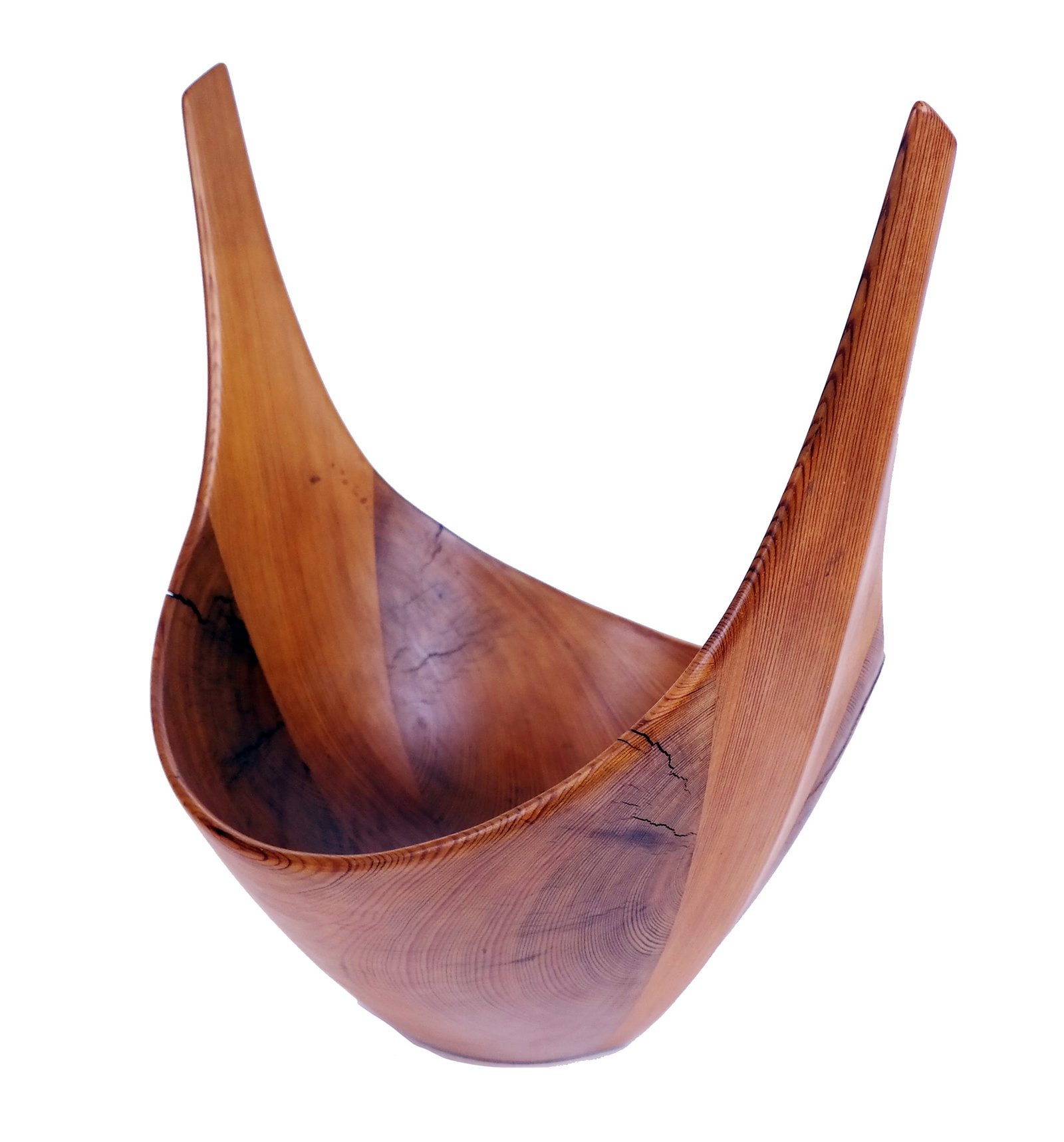 Johnny MATTSSON: Modern Teak Bowl: Modern teak bowl, initialed to base "JM" by Johnny Mattsson (Swedish, 1906-1970). Provenance: From the Collection of Brendelle & Fred Walden. [12 1/2" H x 9" W]. Splits. Condition reports and requests