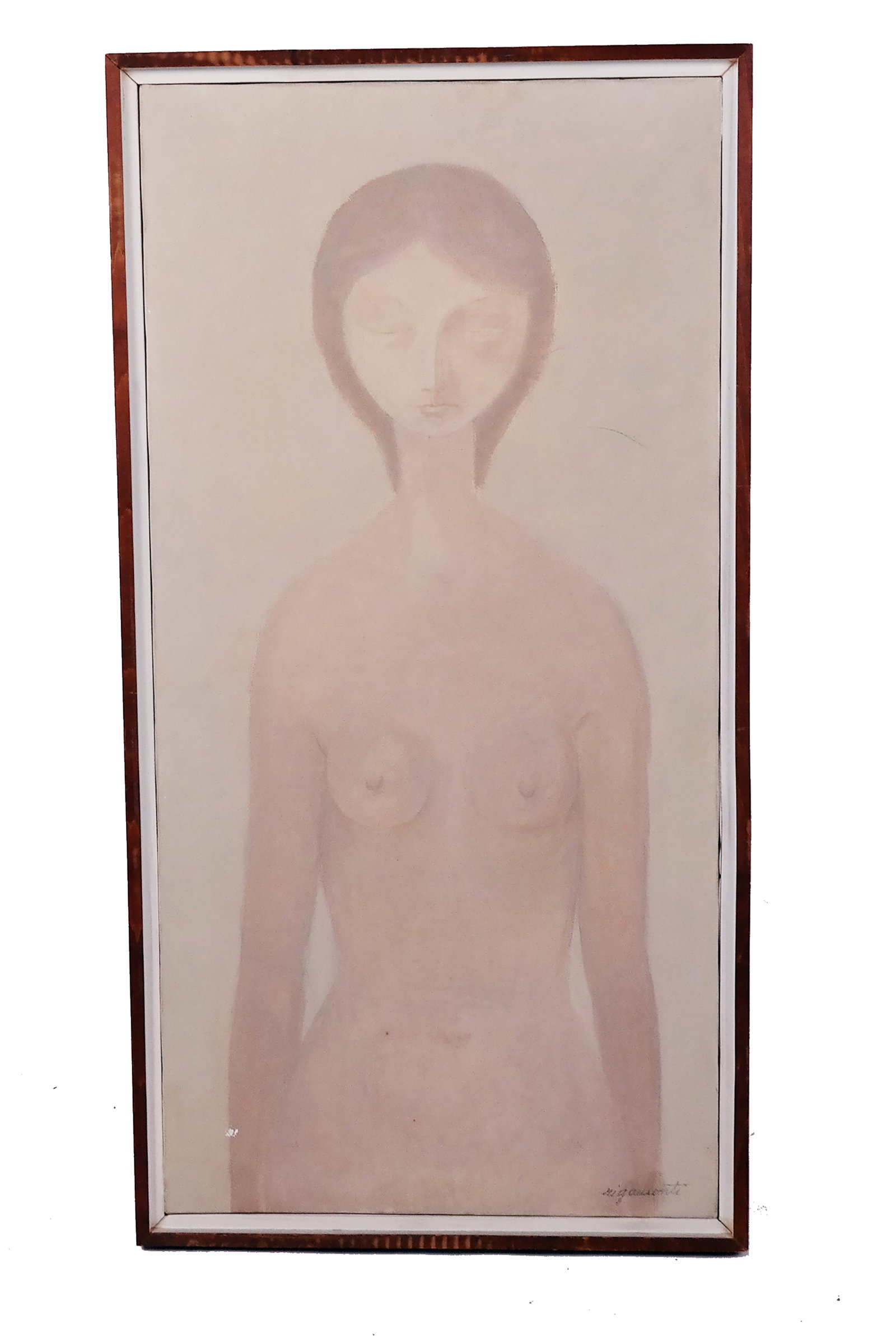 Contemporary Portrait of Nude Female: Contemporary portrait of a nude female, signed illegibly lower right. Provenance: From the Collection of Brendelle & Fred Walden. [Art: 31" H x 15" W; Frame: 33 1/2" H x 17" W]. Minor paint loss lower