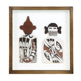 Pair of Framed Acoma Style Figural Relief Plaques