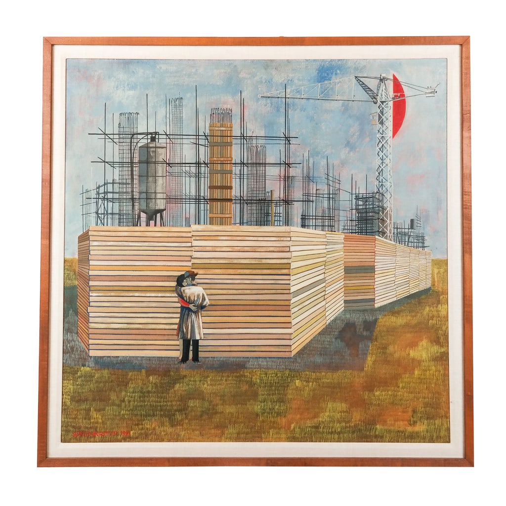 Sergio AGOSTINI: Lovers in Industrial Landscape: Sergio Agostini (Italian, 1921-2005) oil on canvas depicting lovers in industrial landscape, signed lower left and dated, 1961. Provenance: From the Collection of Brendelle & Fred Walden. [Art: 34" H 