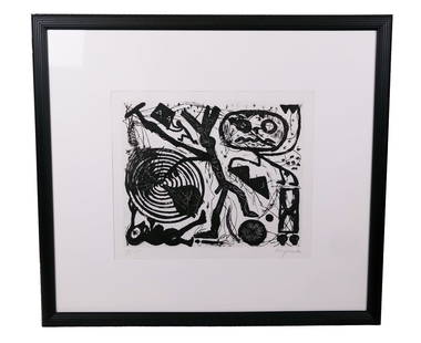 A.R. PENCK: Abstract Black & White Lithograph: A.R. Penck (German, 1939-2017) abstract figural lithograph in black and white. Signed lower right and numbered, 19/25. Provenance: From the Collection of Brendelle & Fred Walden. [Art: 18" H x 22" W;