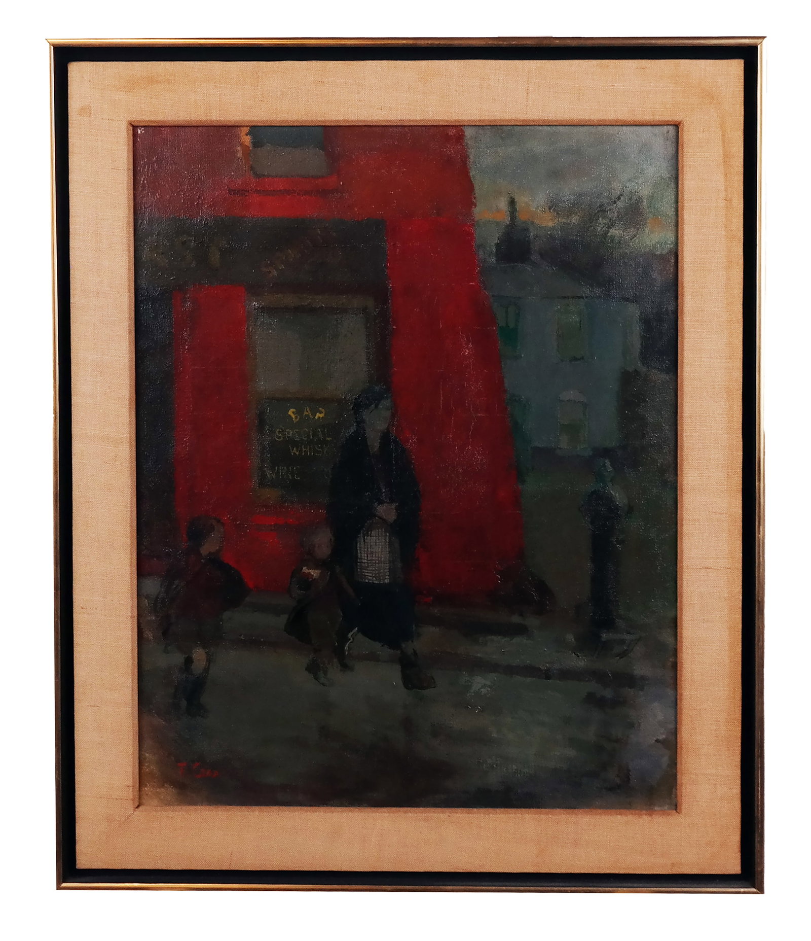 Thomas CARR: Figural Street Scene - Oil on Canvas: Thomas Carr (Irish, 1909-1999) oil on canvas figural street scene, titled "Amadina Hughes Leaving Hurst's Bar". Signed lower left and to verso, with other inscriptions, numbered 412/400. Provenance: F