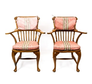 Pair of Carved Maple Slatback Armchairs