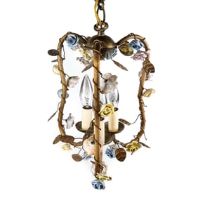 German Rococo-Style Tole & Porcelain Chandelier