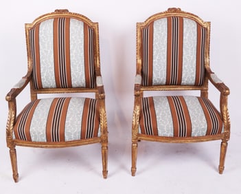 Pair Louis XVI French Giltwood Armchairs
