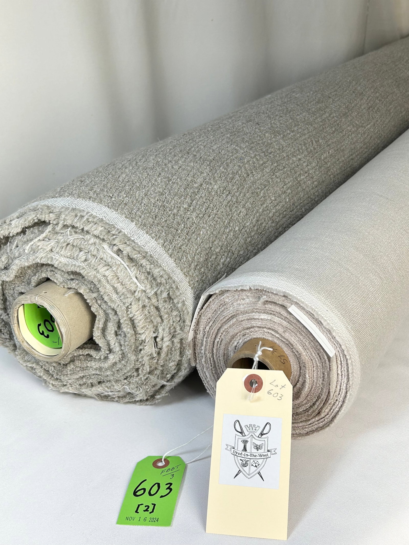Rogers & Goffigon and J.L. Larsen Linen Fabrics: 1) 17 yards of Rogers & Goffigon's oyster-colored Belgium linen called "Shaker", a multi-purpose plain linen, 55 1/2" width. There are two lengths on one tube: 10 1/2 yards on the inside and 6 1/2 yar