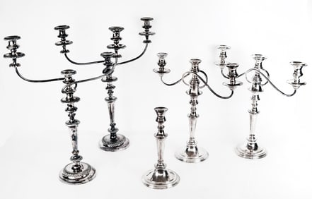 Two Pairs of Silver Plate 3-Light Candelabra