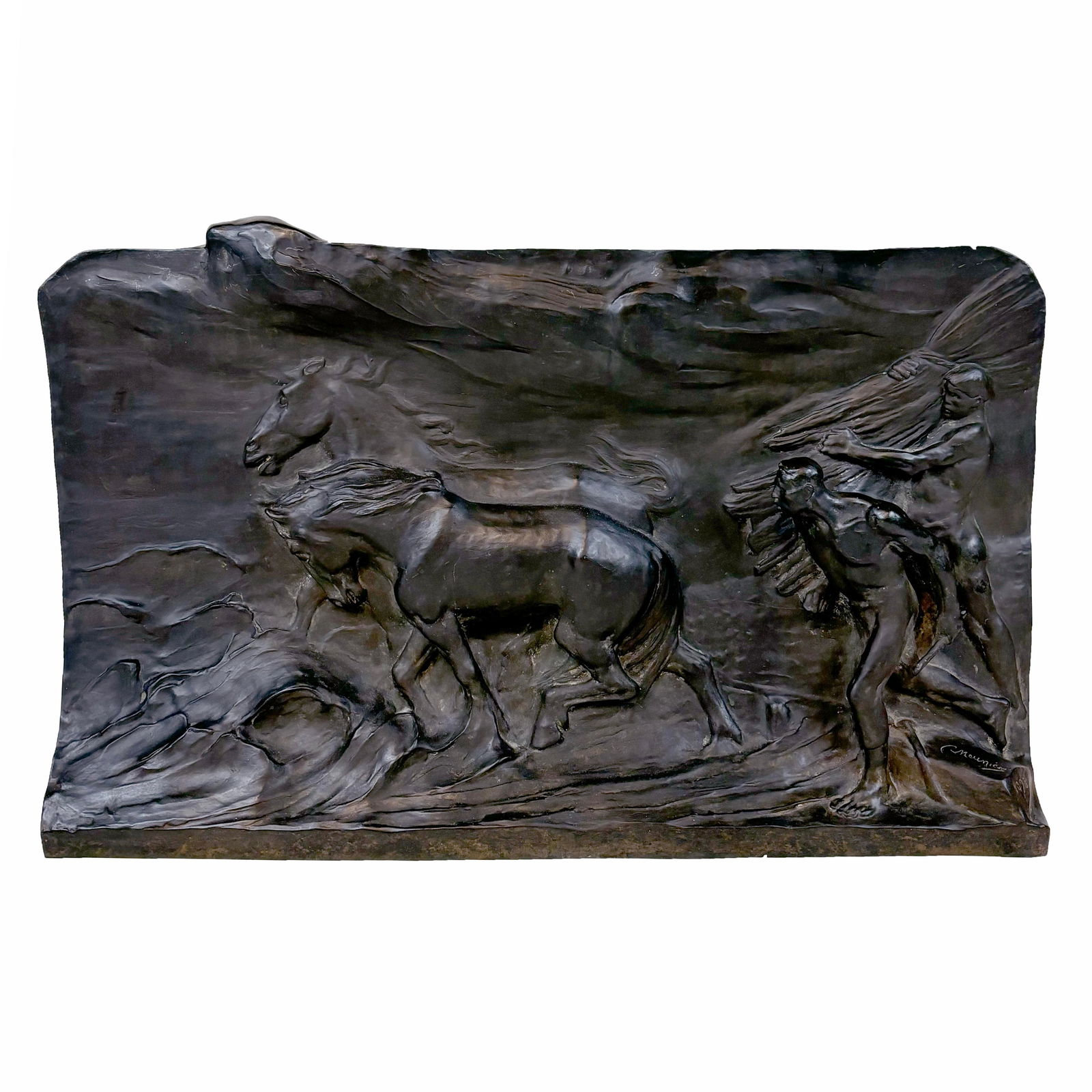 Constantin MEUNIER: Large Bronze Relief: Constantin Meunier (Belgian, 1831-1905) large bronze standing relief plaque depicting two horses and two men, signed lower right, 1898. [24" H x 38 1/2" W x 5" D].