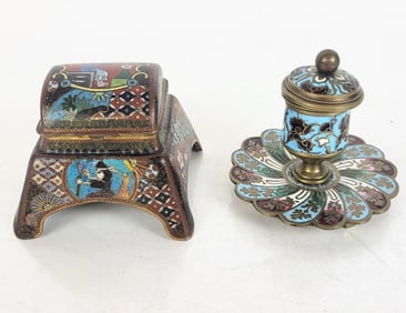 Two Polychrome Enamel Inkwells