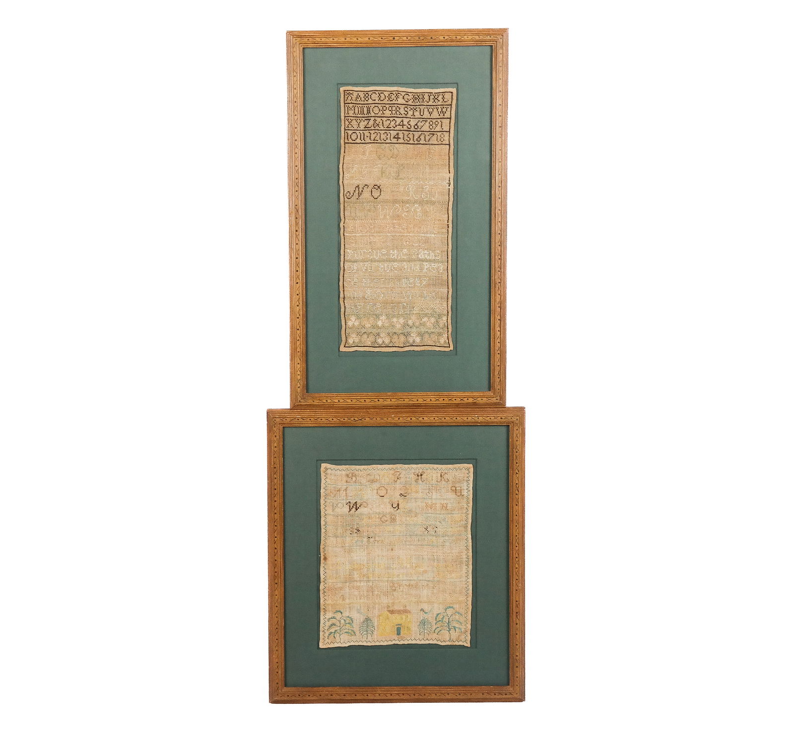 Two Antique Samplers: Two late 19th/early 20th century framed samplers. [Art: 17" H x 7 1/2" w; 12" H x 10" W; Frames: 25 1/2" H x 14 1/2" W; 20 1/2" H x 17 1/2" W]. Each worn and faded. Condition reports and requests for