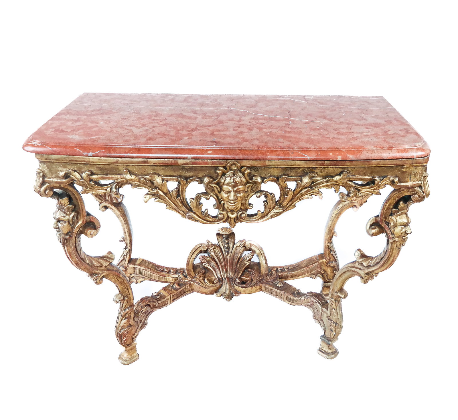 Louis XIV Giltwood Marble Top Console: A Louis XIV console, 18th century, the shaped rectangular marble top above a pierced carved frieze centered by an espagnolette head, on scroll-carved legs joined by a stretcher with floral decoration.
