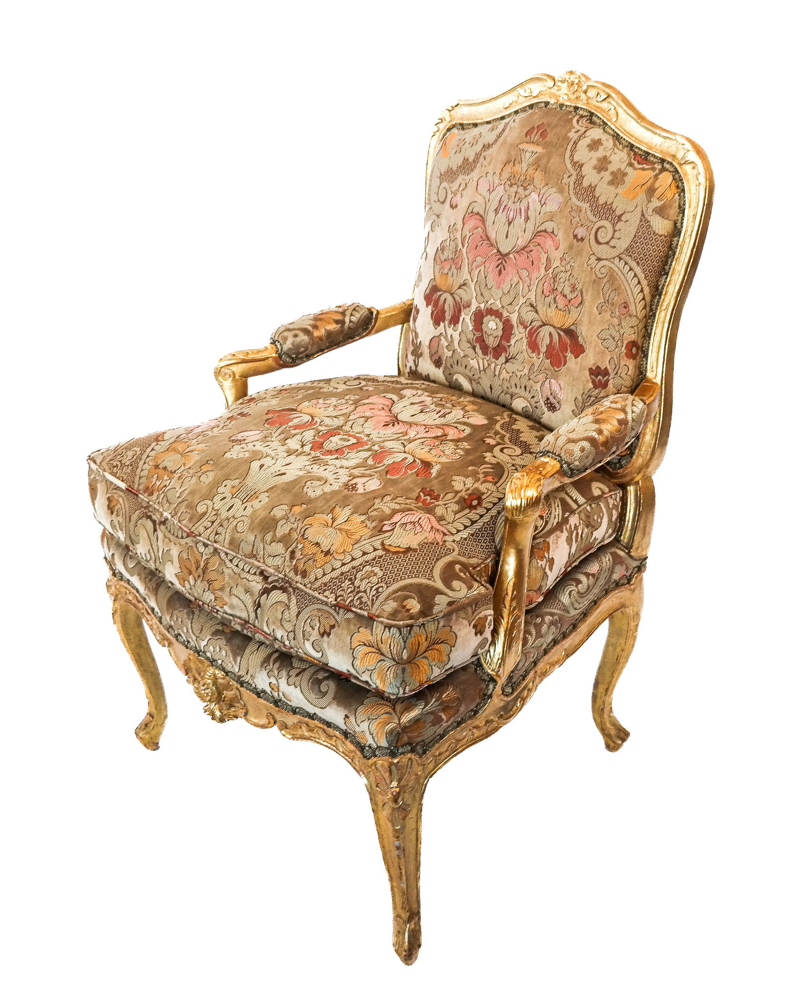 Carved Louis XV Giltwood Upholstered Fauteuil: A carved Louis XV giltwood upholstered fauteuil, 19th century, having cut velvet upholstered back and cushion. [38" H x 26" W x 22" D]. Property of an important NY philanthropic family.