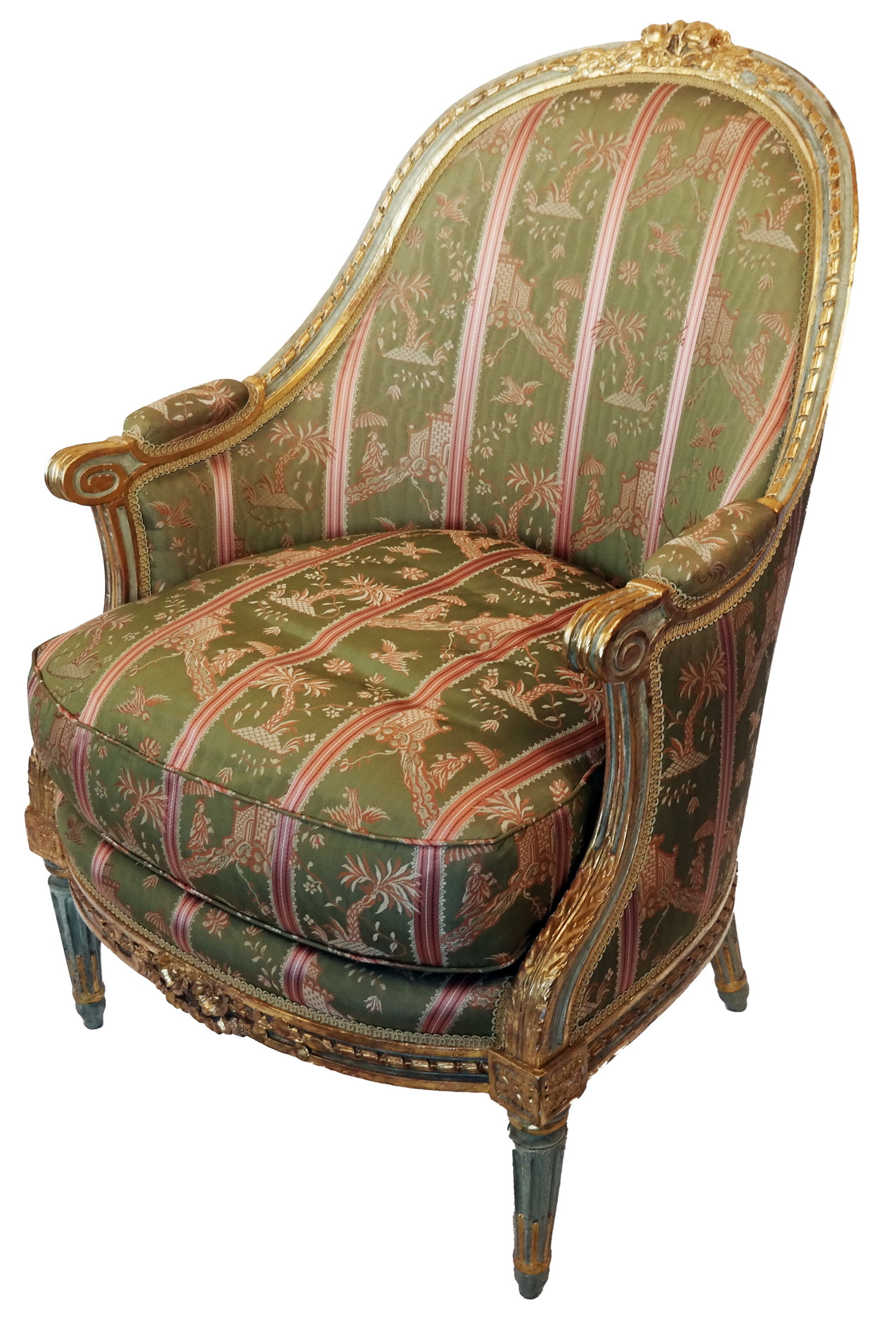 Louis XVI Gilt Decorated Bergere: A Louis XVI gilt decorated bergere, 19th century, having acanthus carved gilt decorations, decorated reeded legs, barrel form back with a carved floral cartouche, and silk Chinoiserie damask upholster